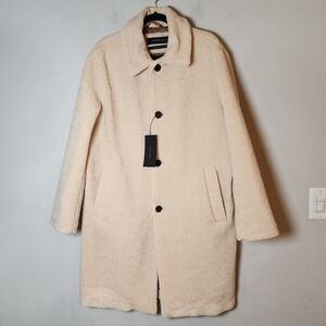 NWT Zara Man Faux Sherpa Cream Teddy Coat Faux Wool Knee Length Size Large